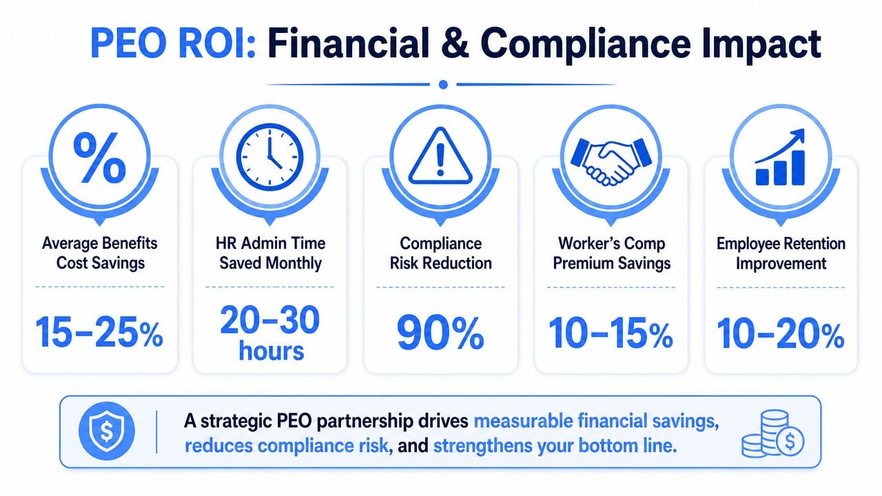 An infographic showing the financial and compliance benefits and ROI of a Professional Employer Organization (PEO) partnership.