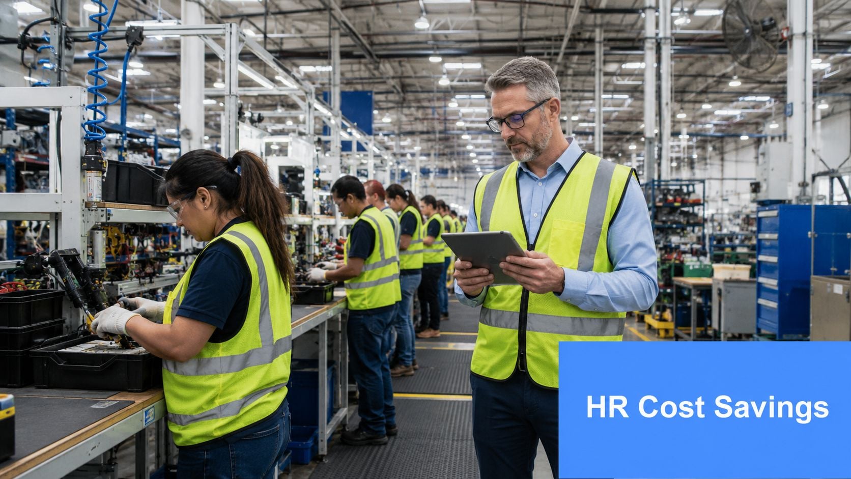 A professional manager using a tablet to oversee workers assembling electronics on a factory floor.