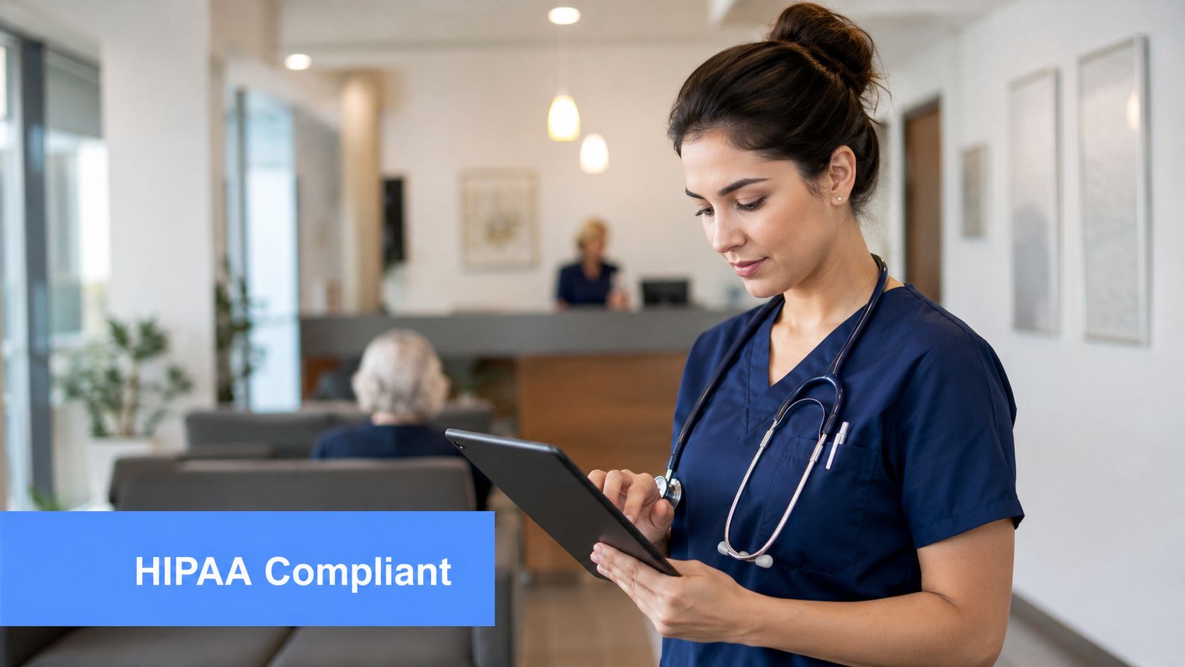 A professional nurse in blue scrubs using a tablet device in a medical office waiting room area.