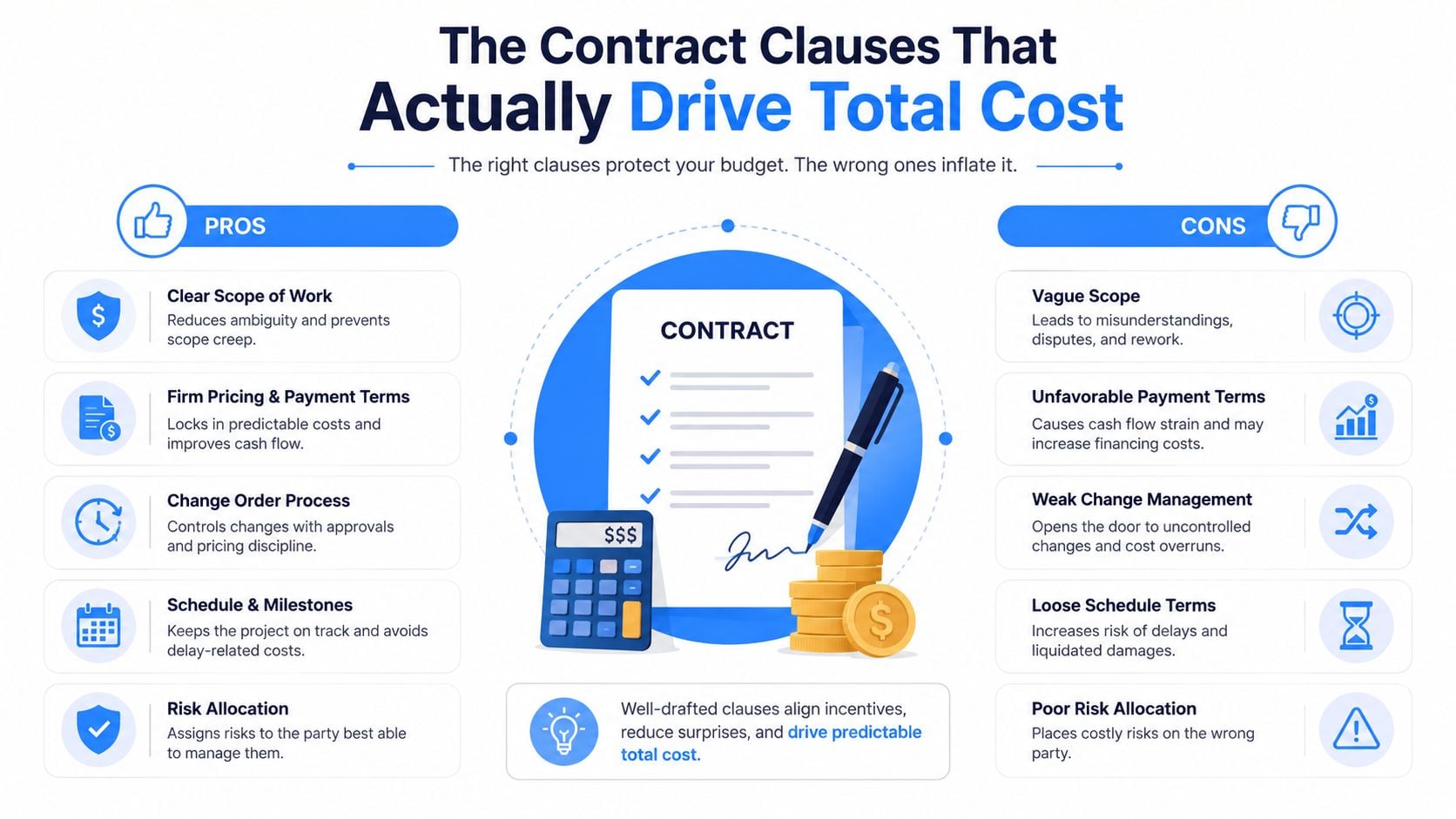 A professional infographic comparing the pros and cons of contract clauses affecting business project costs and budgeting.
