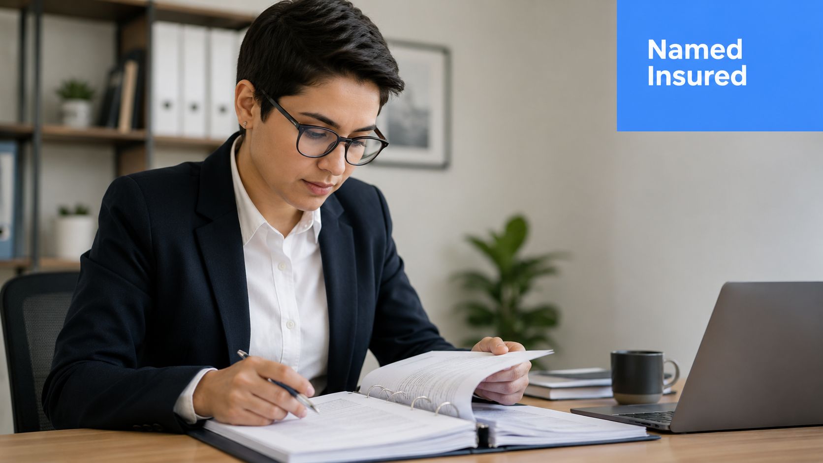 A professional woman in a business suit reviewing insurance documents at her desk in an office.