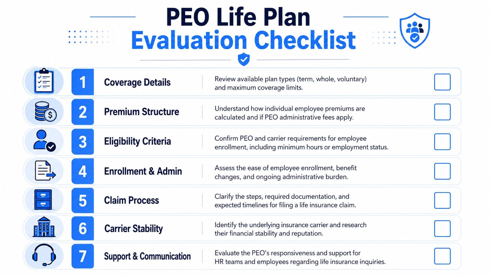 A checklist outlining seven key steps to evaluate a Professional Employer Organization life insurance plan.