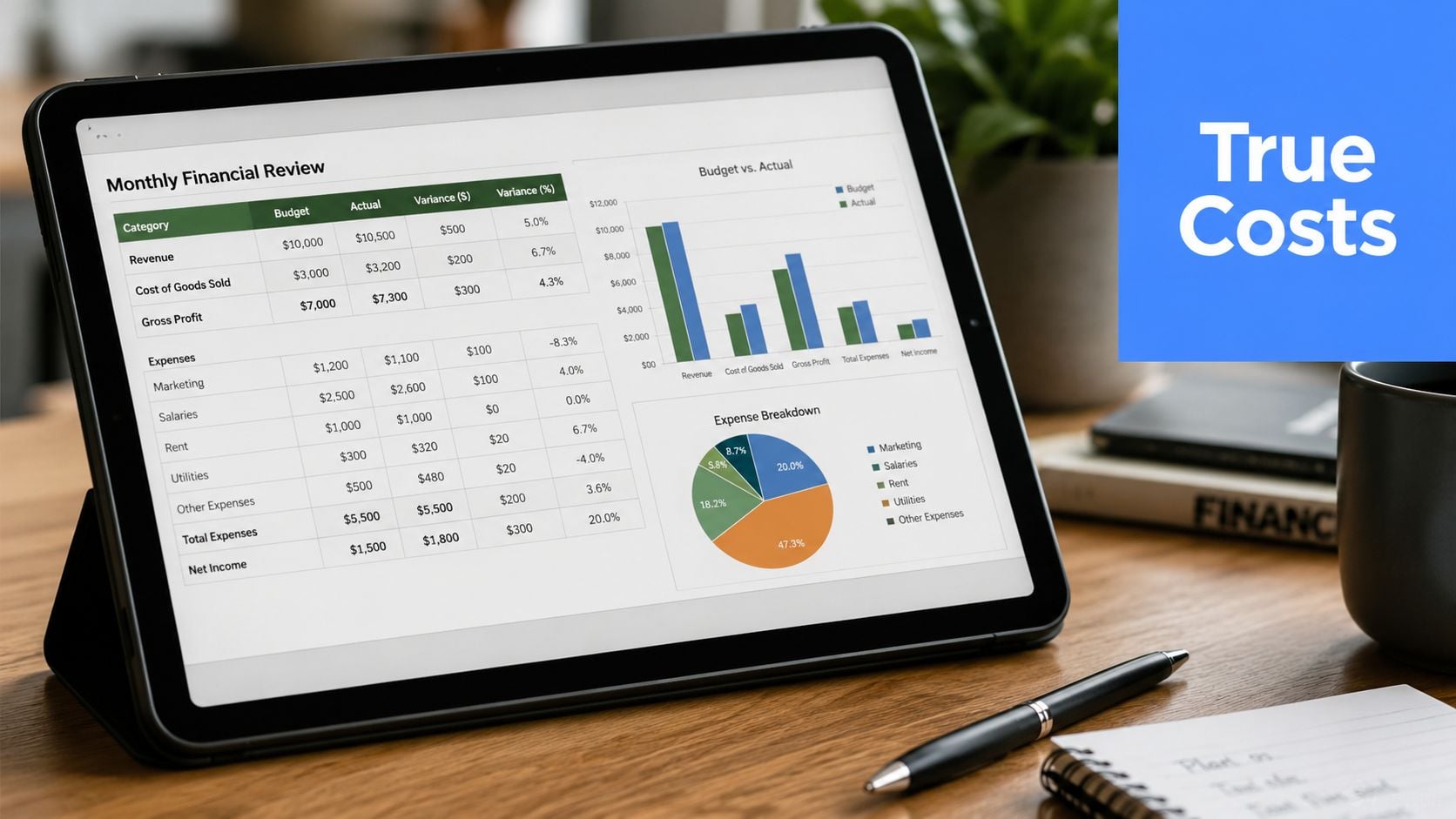A tablet displaying a monthly financial review report with charts and tables on a wooden desk.