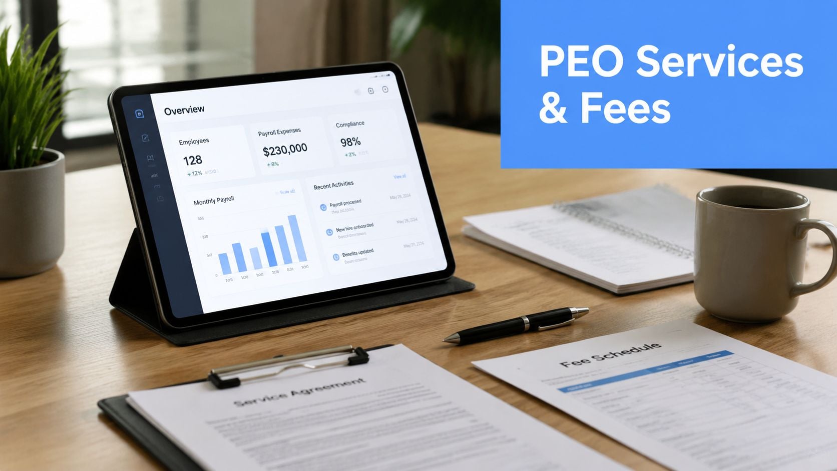 A digital tablet displaying HR dashboard analytics next to service agreement and fee schedule documents on desk.