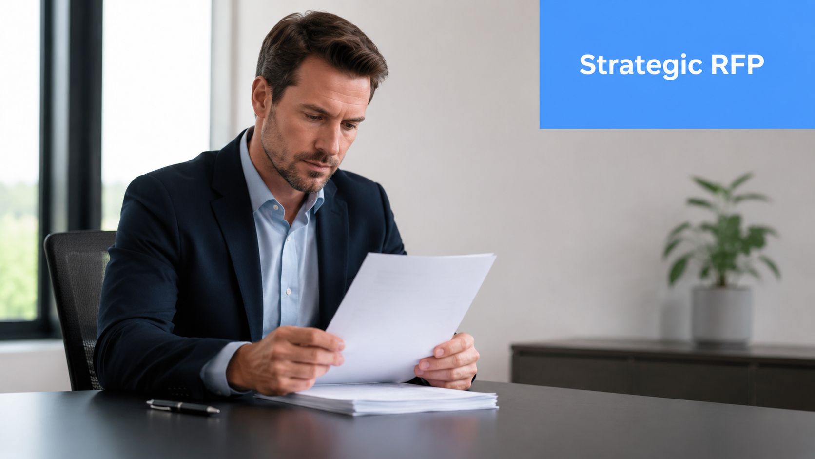 A professional man in a business suit reviewing important documents while sitting at his desk.