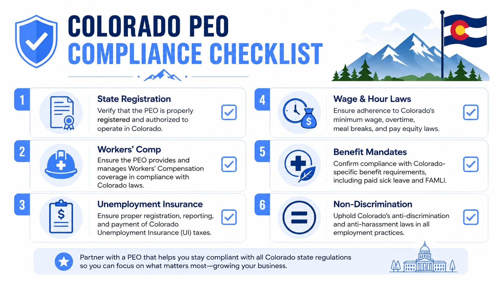 A professional employer organization compliance checklist for businesses operating in the state of Colorado.