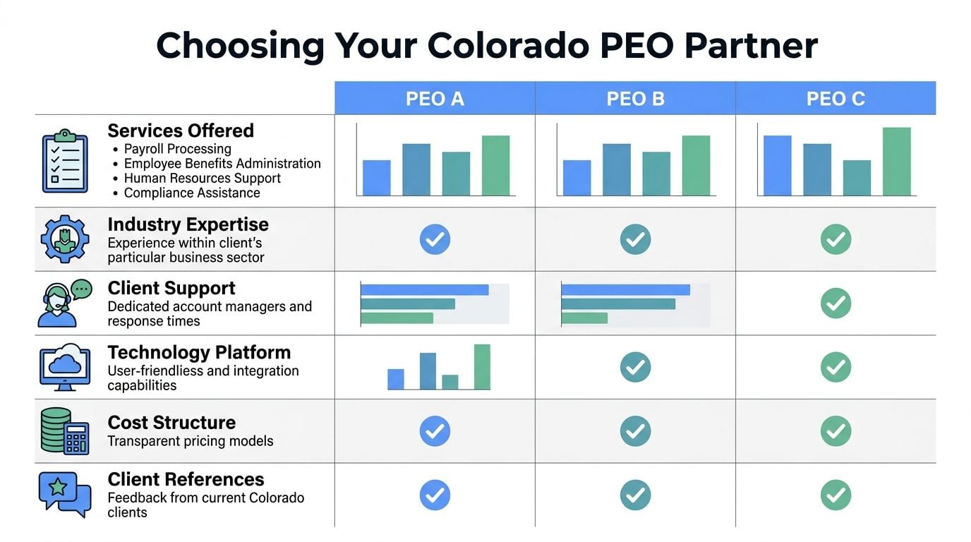 A comparison chart for selecting a professional employer organization in Colorado, showing key service factors and metrics.