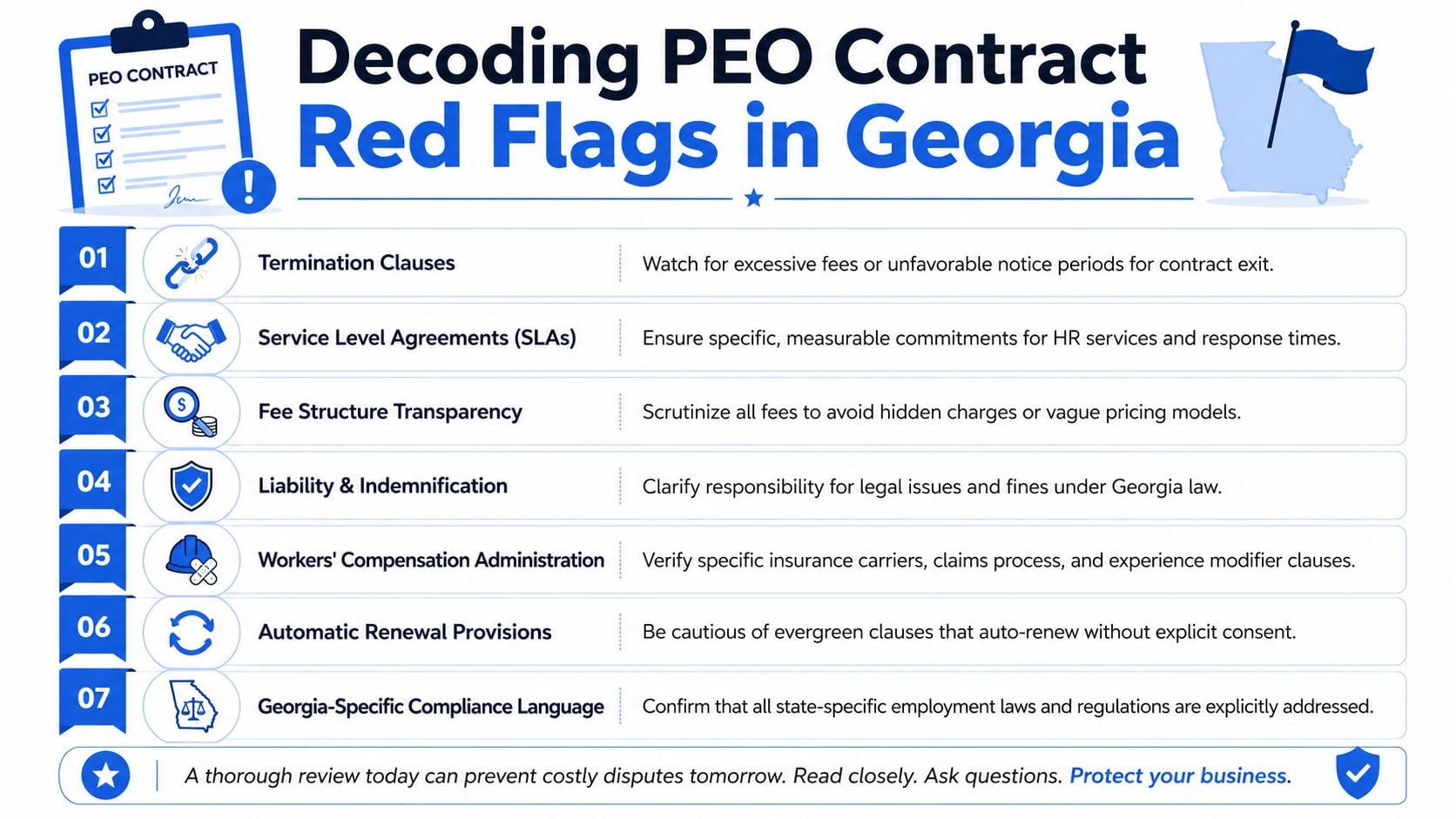 A guide listing seven red flags to look for when reviewing professional employer organization contracts in Georgia.