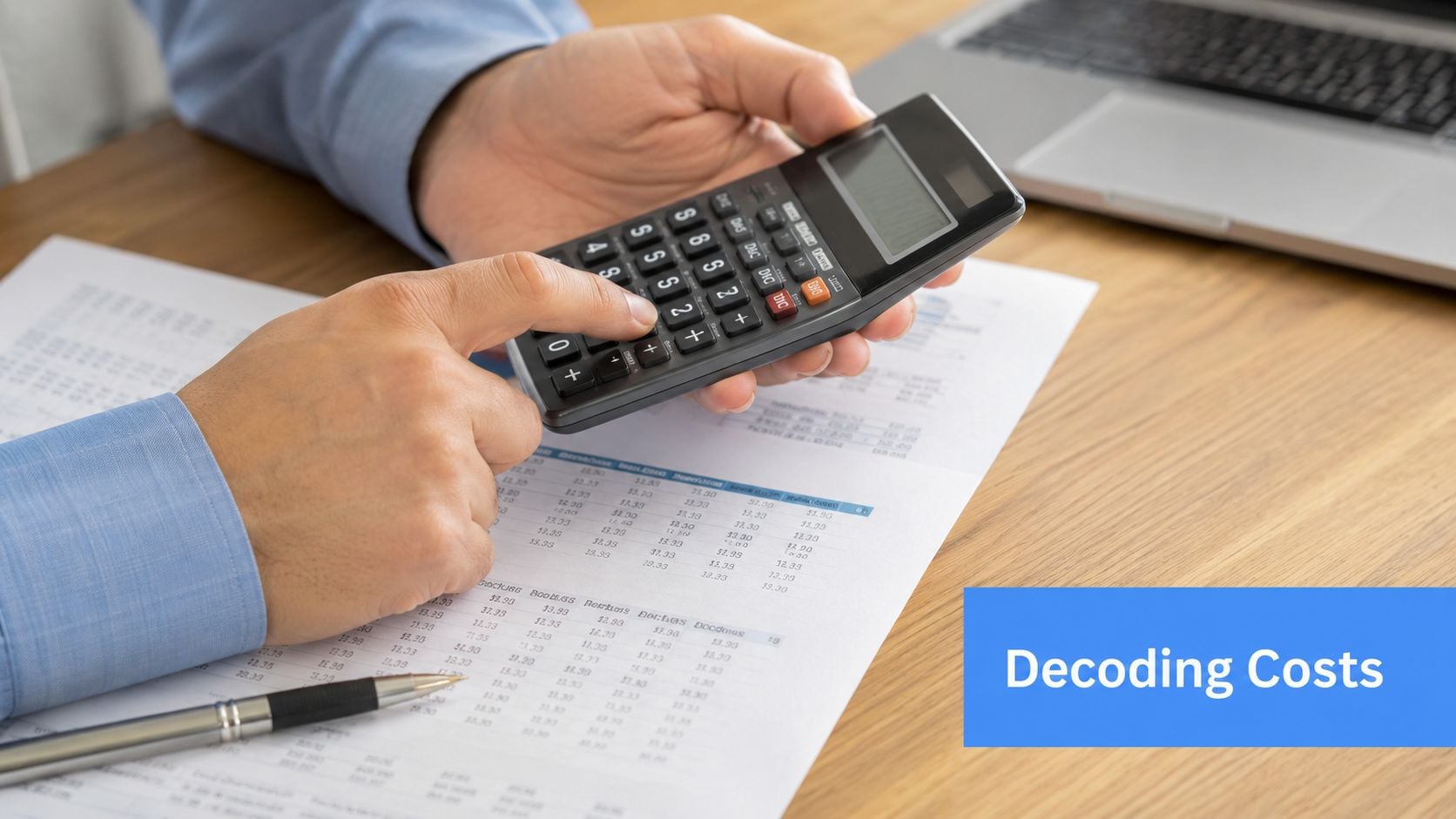 A professional analyzing financial documents with a calculator on a desk, focusing on calculating business expenses.