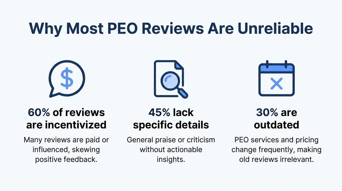 An infographic titled Why Most PEO Reviews Are Unreliable, showing statistics on incentivized, vague, and outdated reviews.
