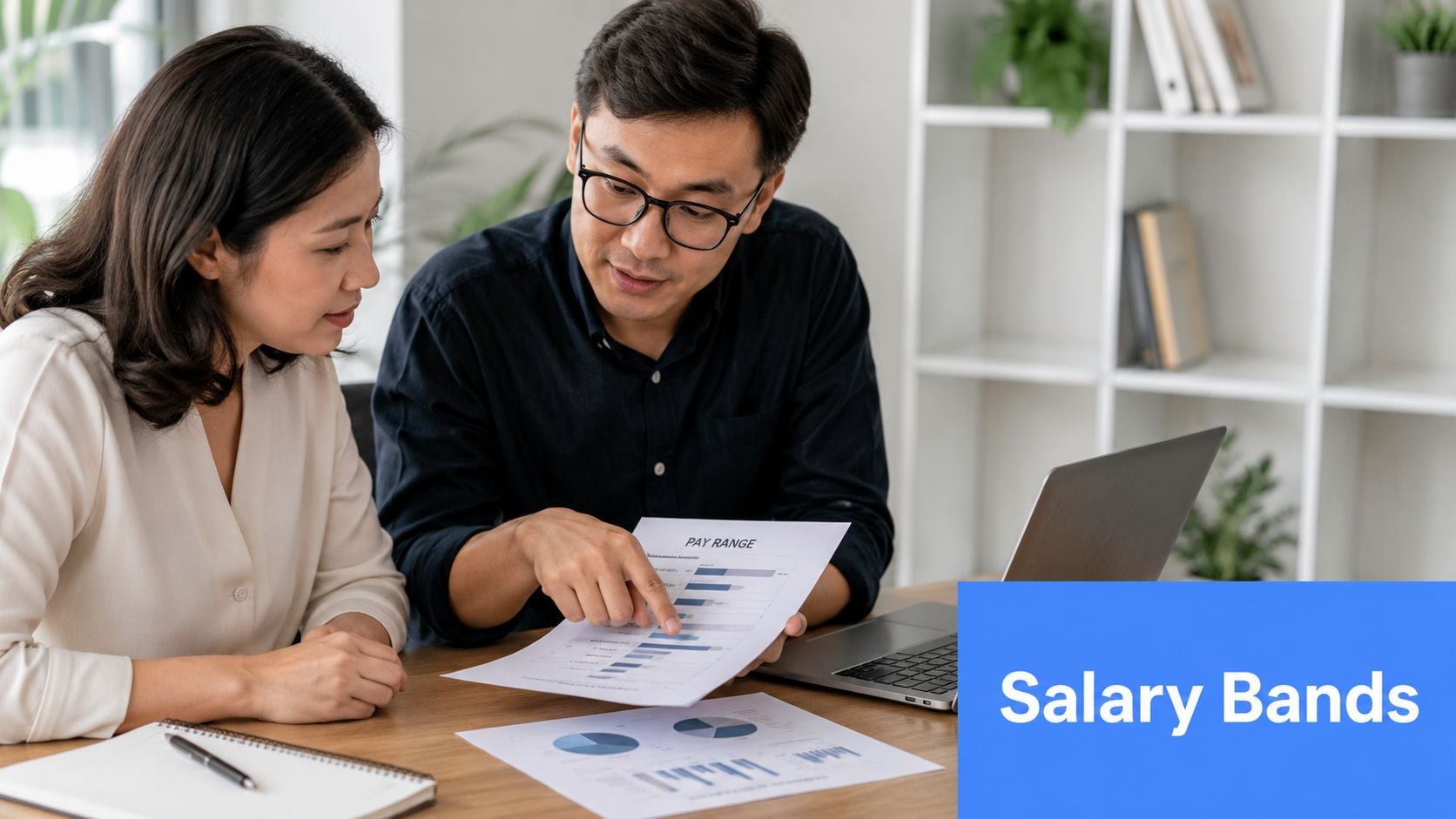 A professional man and woman discussing salary range charts and business data in an office setting.