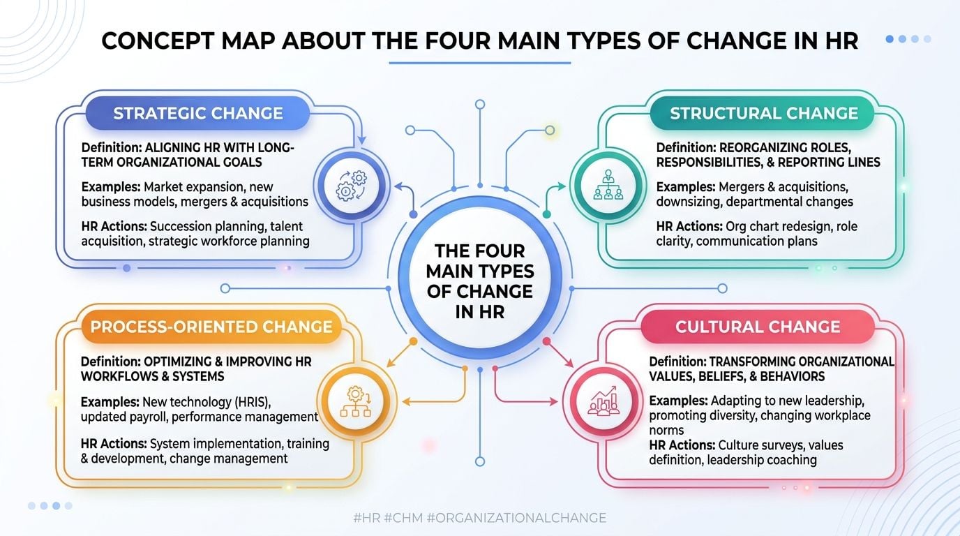 A concept map diagram outlining four main types of change in HR: strategic, structural, process-oriented, and cultural.