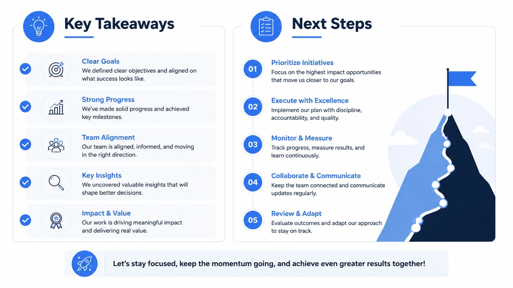 A professional infographic outlining key business takeaways and next steps for team strategic alignment and goals.