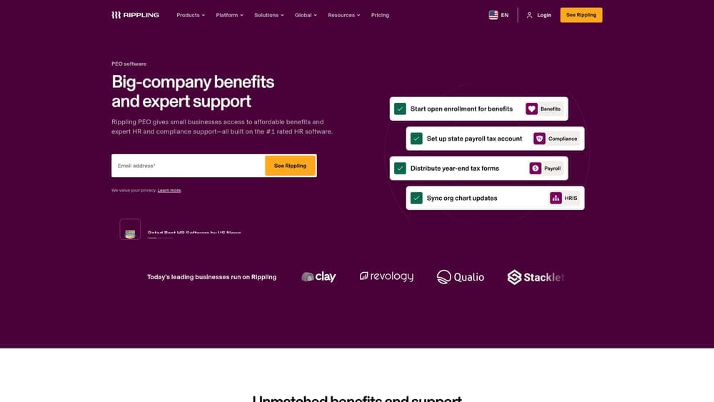 Screenshot of Rippling PEO website
