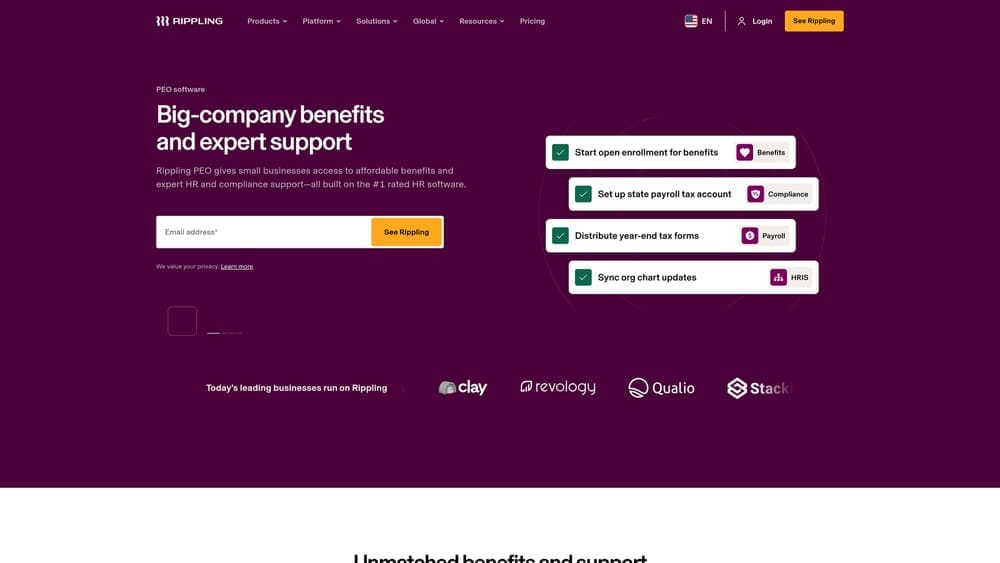 Screenshot of Rippling PEO website