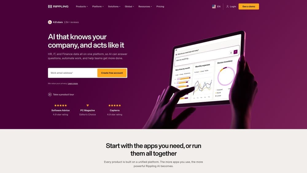 Screenshot of Rippling PEO website