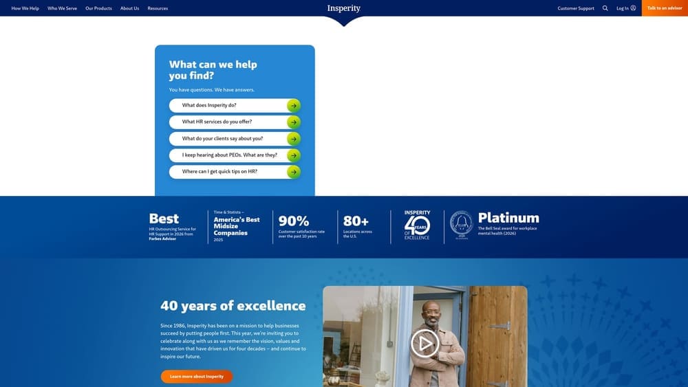 Screenshot of Insperity website