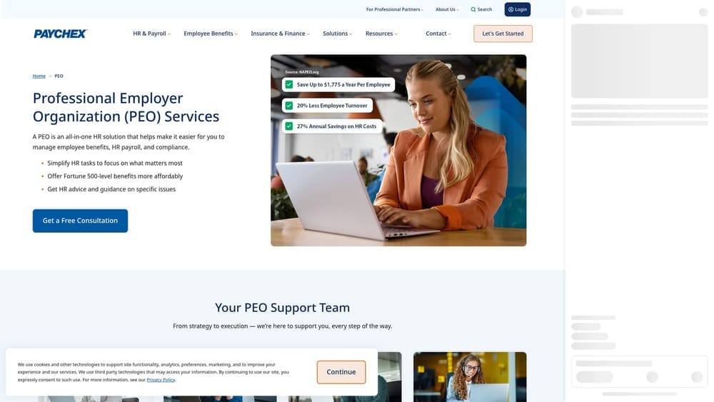 Screenshot of Paychex PEO website