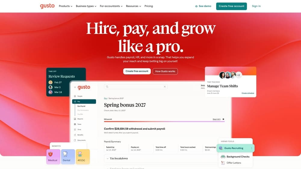 Screenshot of Gusto website