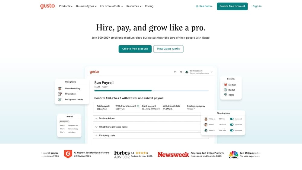 Screenshot of Gusto website