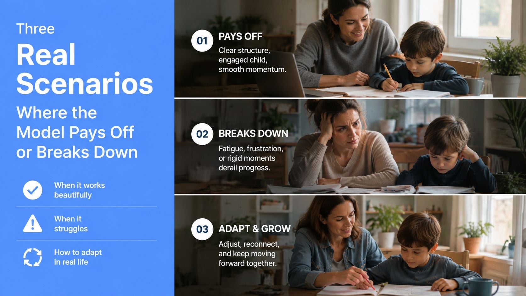 A three-part infographic showing a parent and child studying together to demonstrate effective parenting strategies and challenges.
