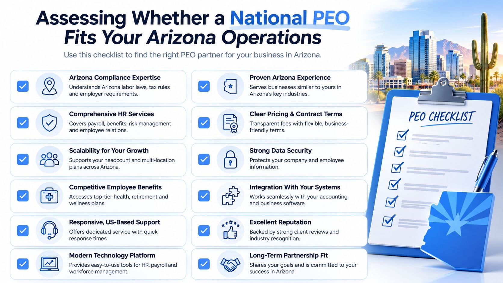 An infographic checklist outlining essential criteria for selecting a national PEO service provider in Arizona.