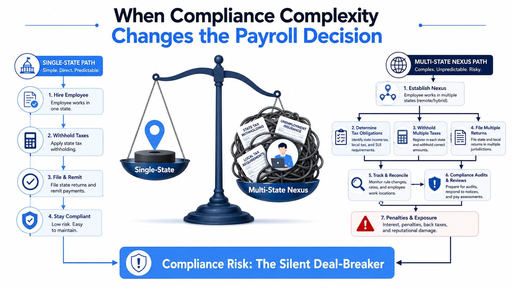An infographic comparing single-state payroll compliance versus complex multi-state nexus requirements and associated risks.