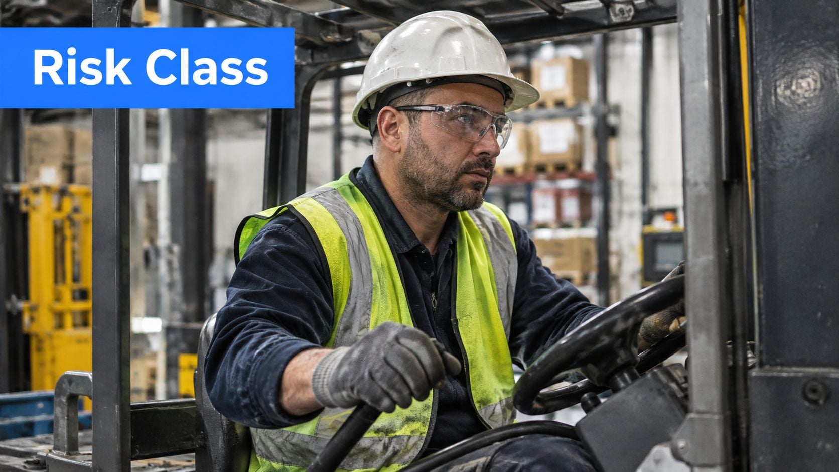 A forklift driver wearing a hard hat, safety glasses, and a reflective vest operates machinery in warehouse.