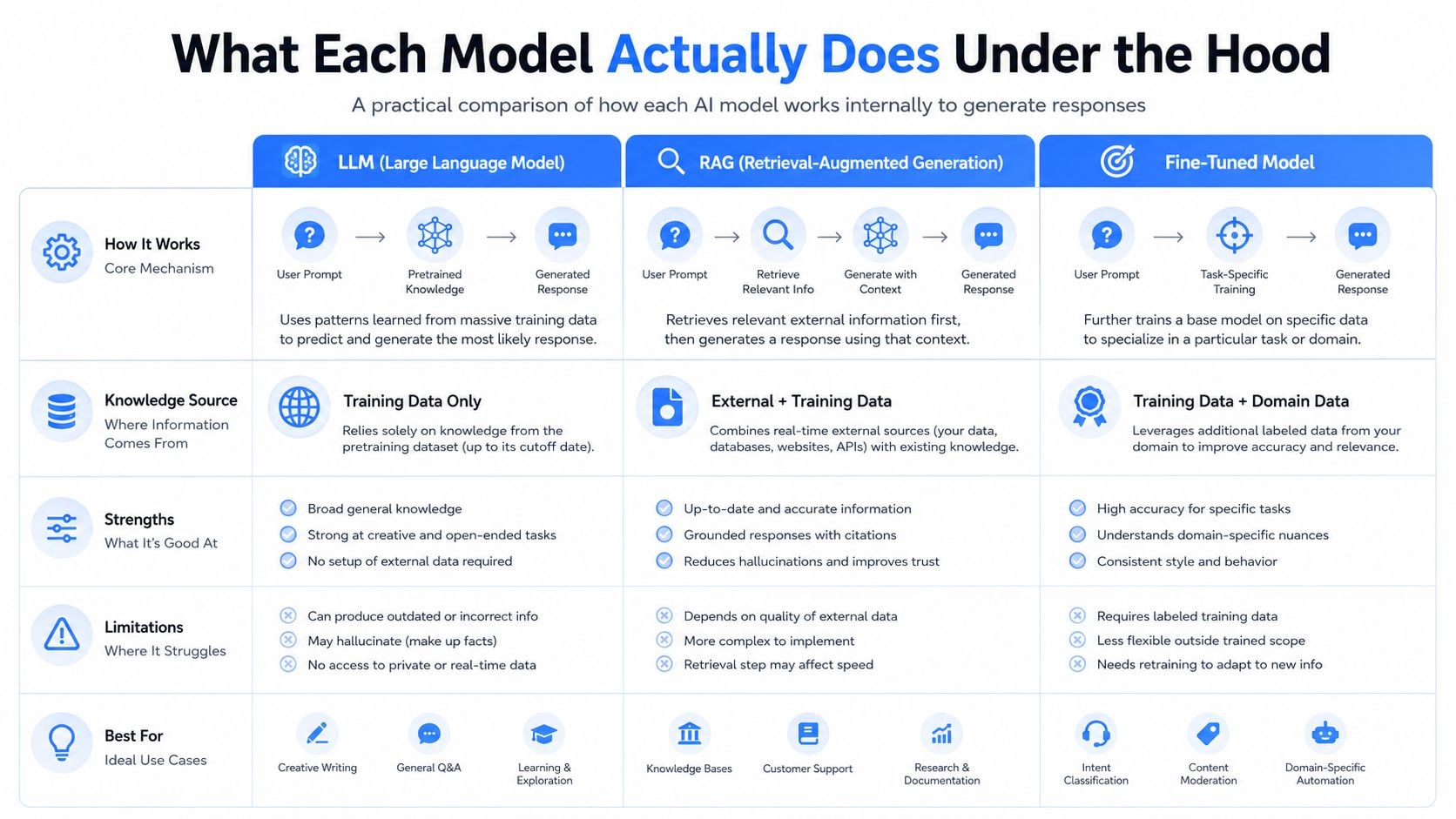 A comparison chart showing how LLM, RAG, and fine-tuned AI models generate responses, sources, strengths, and limitations.