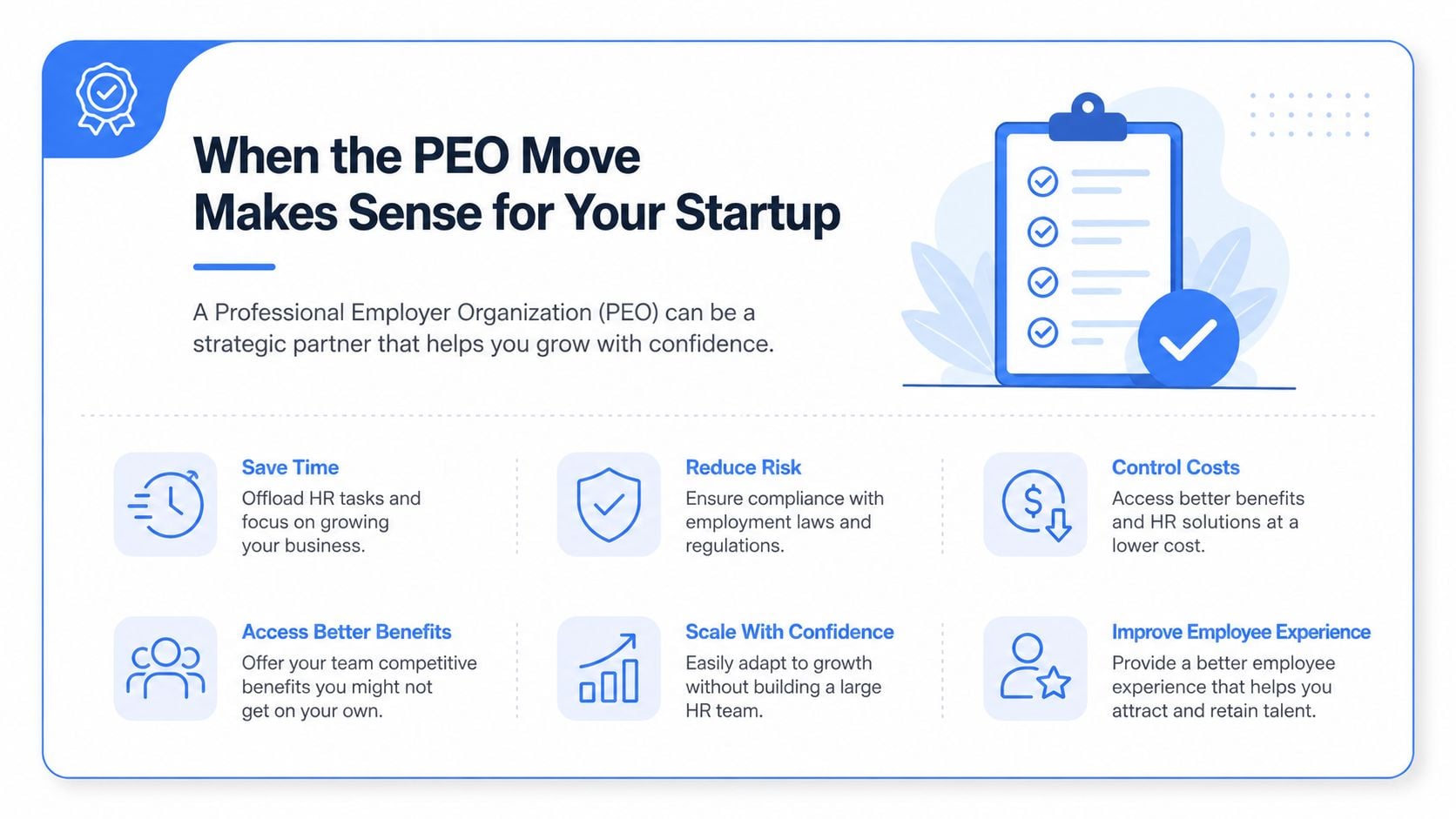 An infographic detailing the strategic benefits of using a Professional Employer Organization for startup growth.
