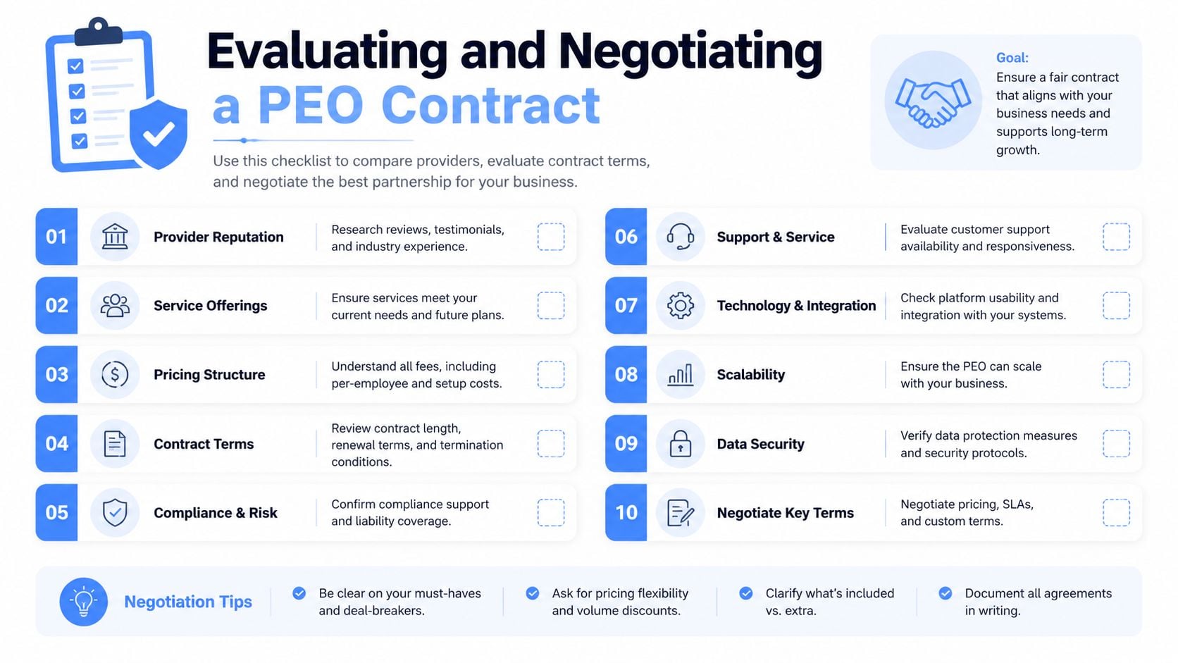 A ten-point checklist for evaluating and negotiating a Professional Employer Organization (PEO) service contract for business.