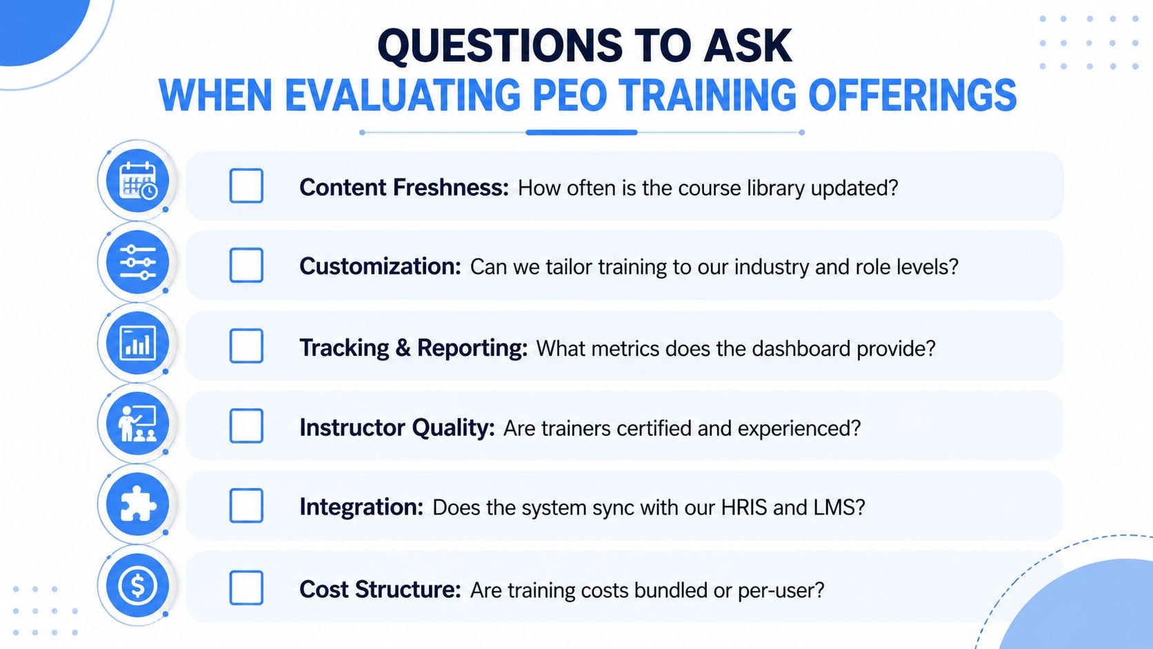 A checklist infographic titled Questions to Ask When Evaluating PEO Training Offerings for professional development.