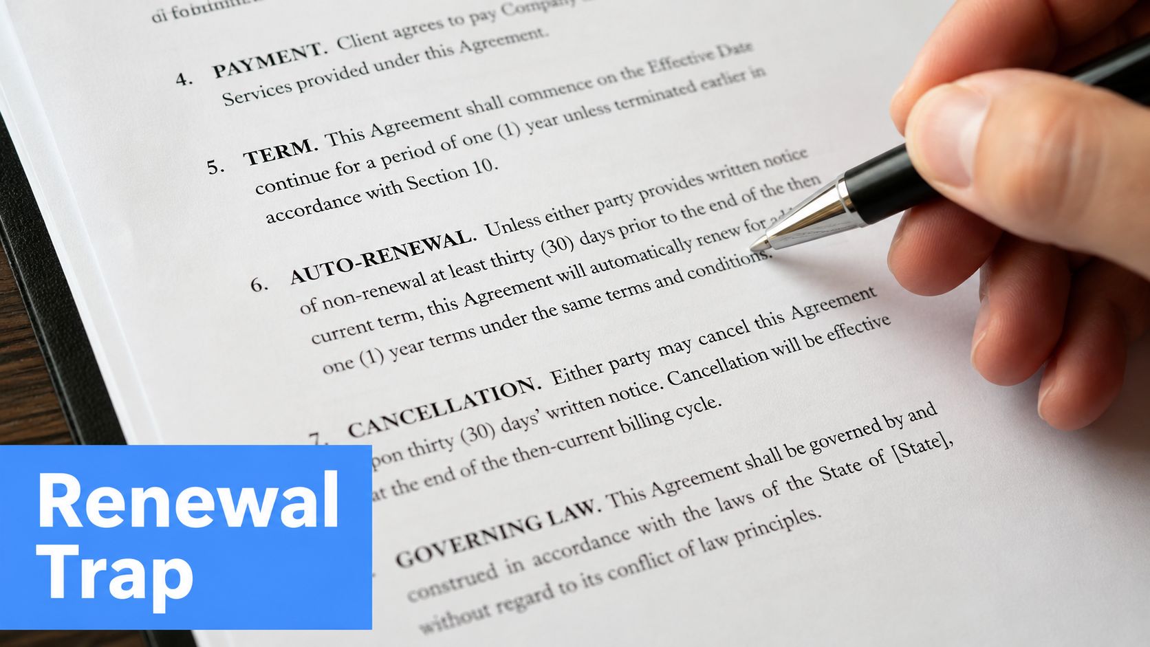 A hand holding a pen over a legal contract highlighting the auto-renewal clause and cancellation terms.