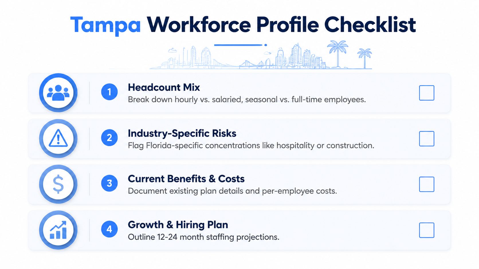 A checklist for Tampa workforce profiling including headcount mix, industry risks, benefits, and hiring plans.