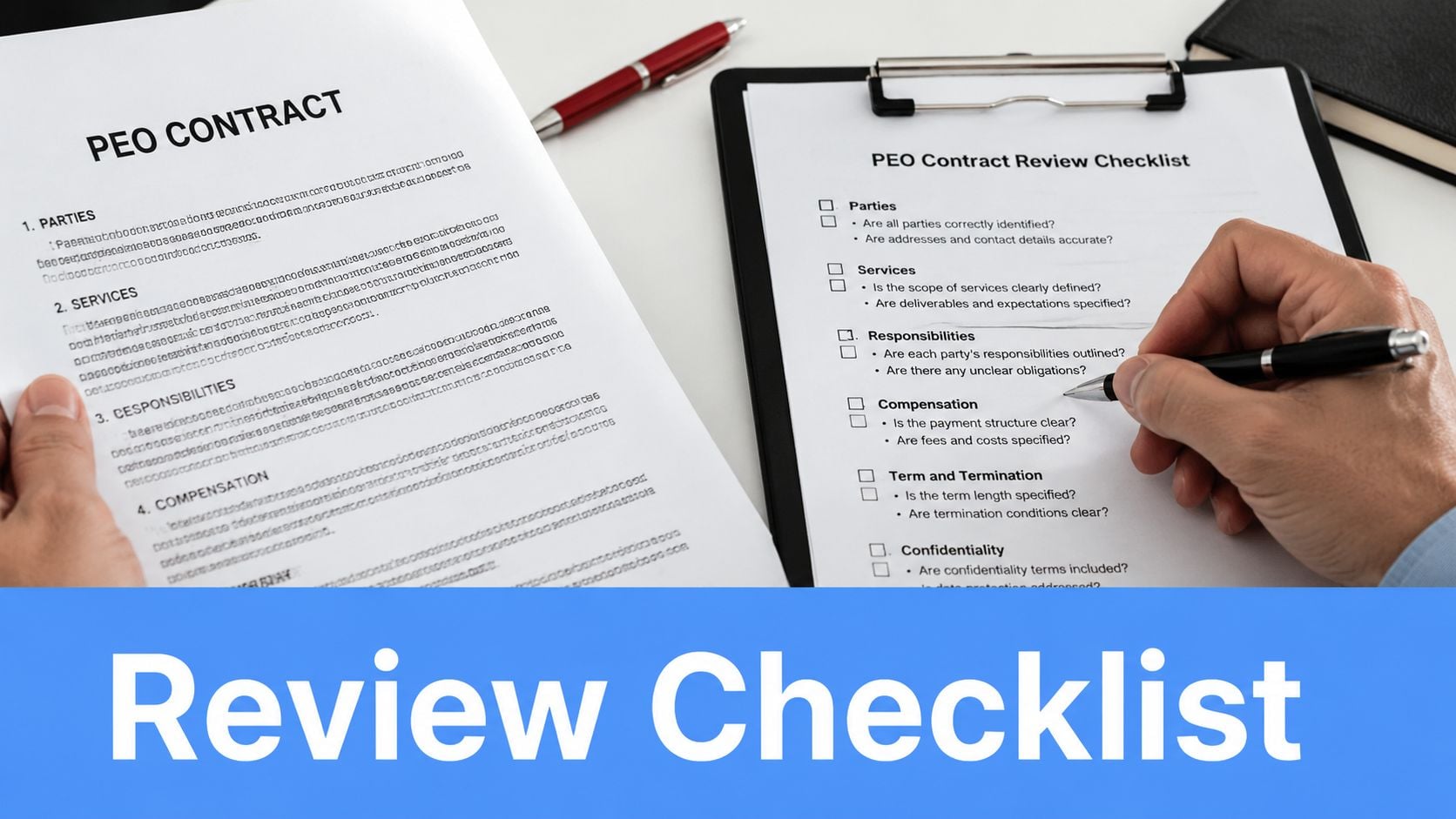 A professional holding a pen reviewing a PEO contract document alongside a detailed review checklist.