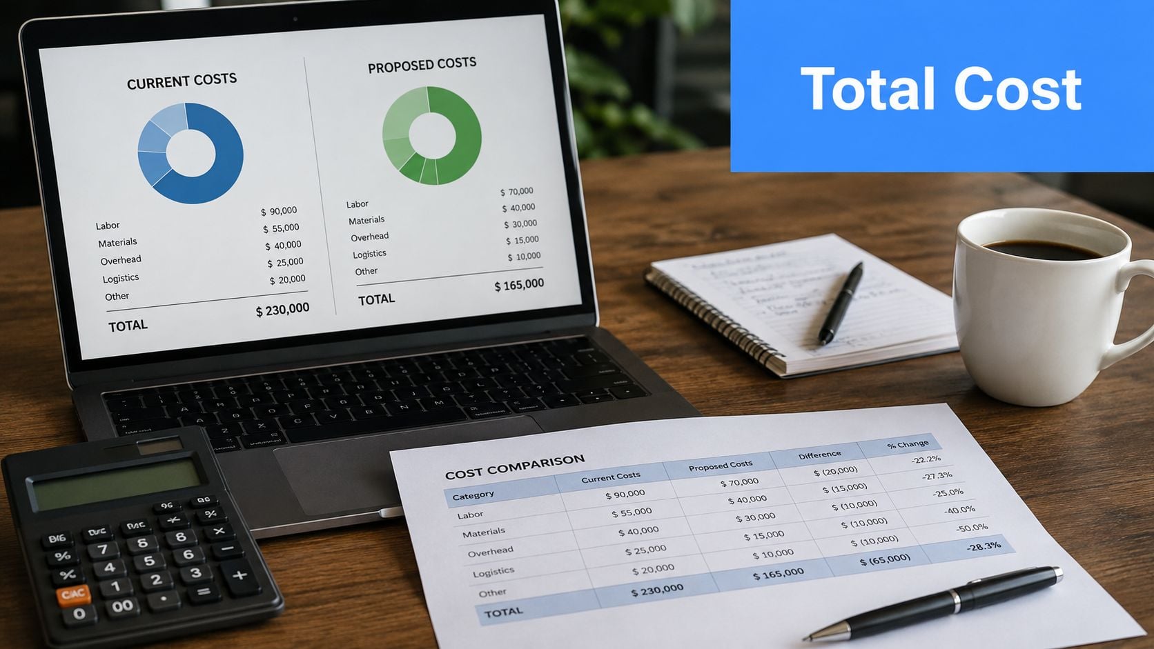 A professional desk workspace featuring a laptop showing financial cost comparison charts and a printed spreadsheet report.