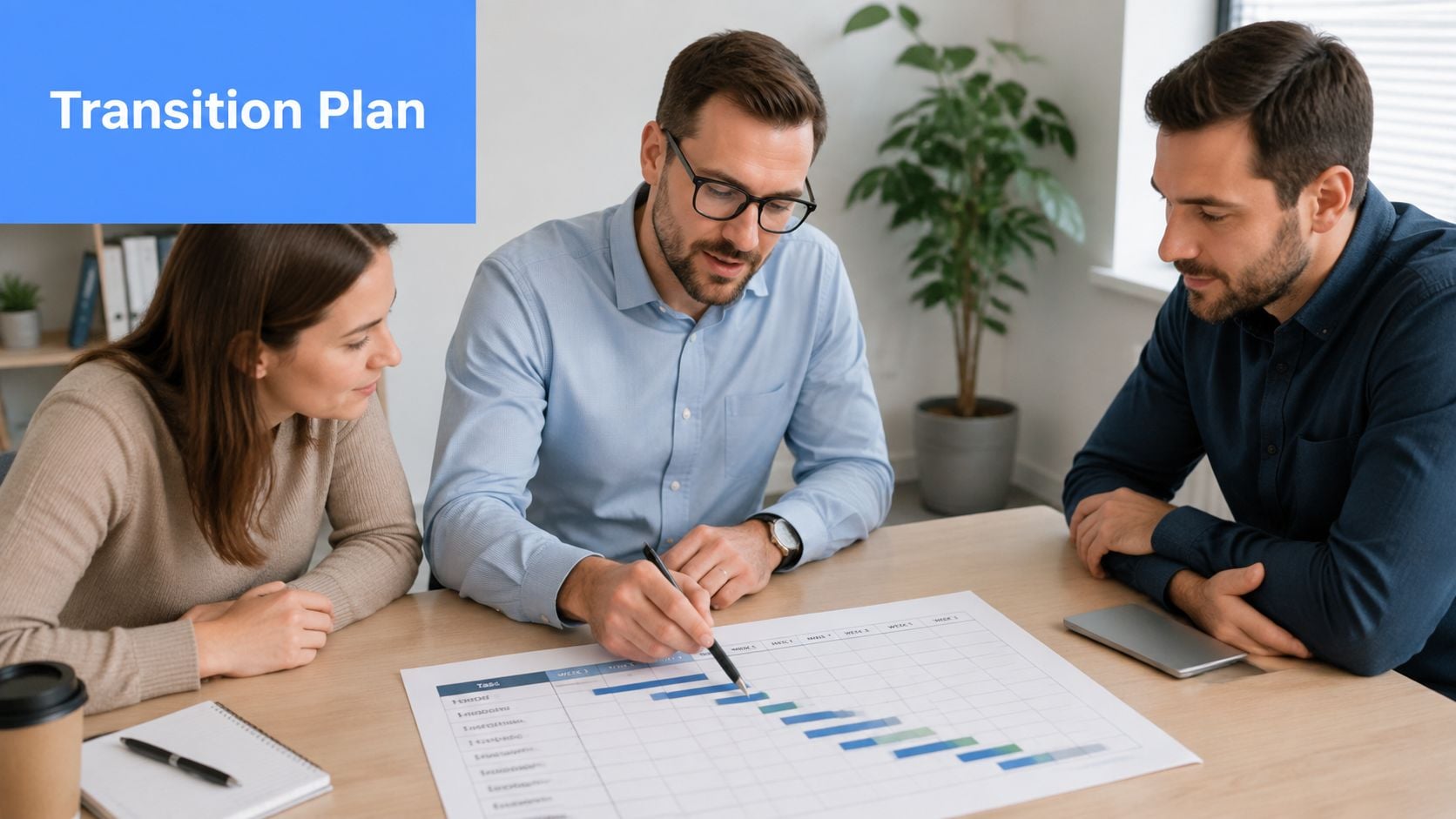 Three professional colleagues reviewing a transition plan chart together in a bright, modern office workspace.