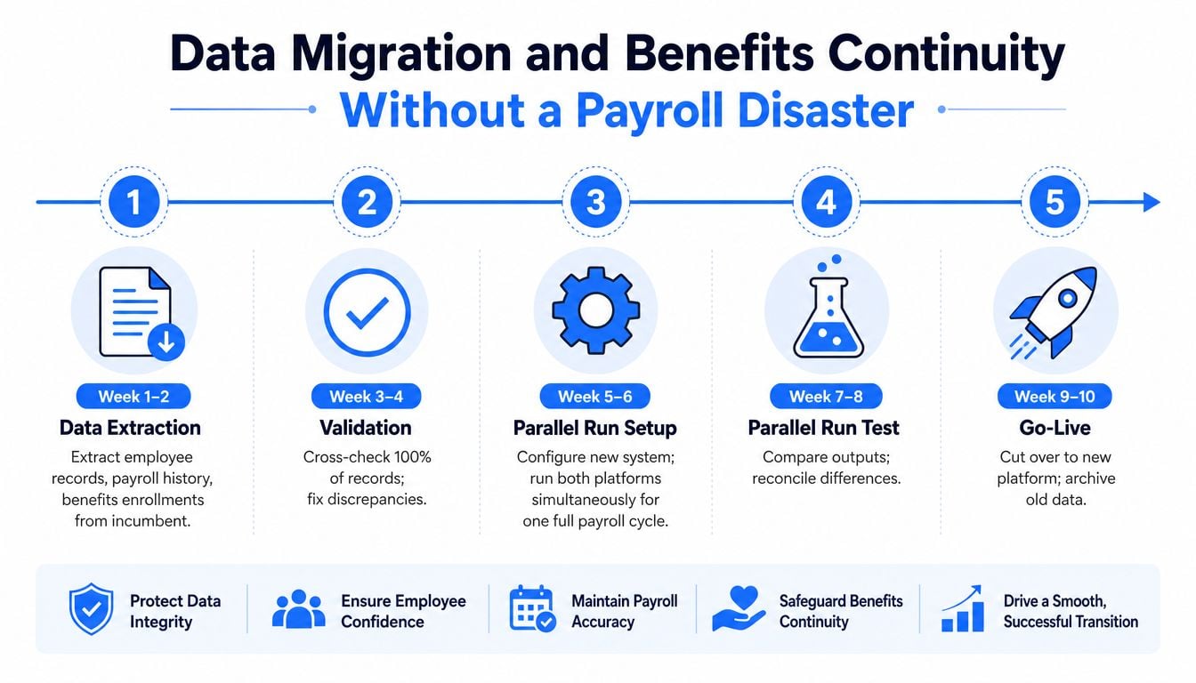 A five-step infographic outlining a payroll data migration process from extraction to go-live transition.