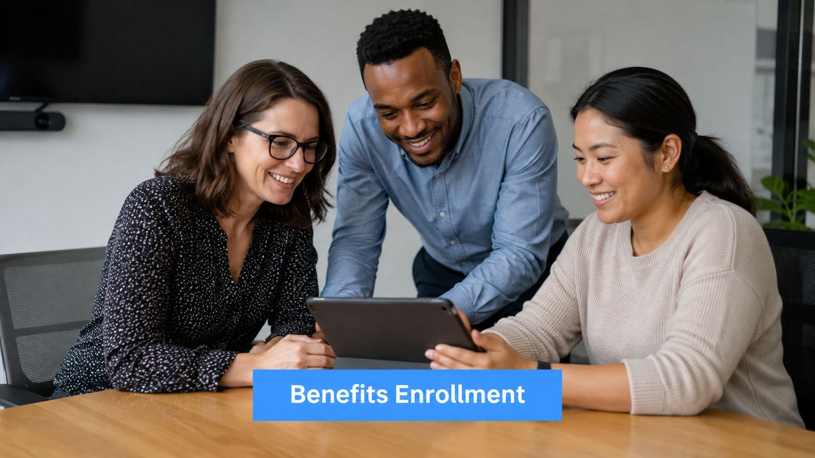A diverse team of three colleagues looking at a tablet together to discuss employee benefits enrollment.