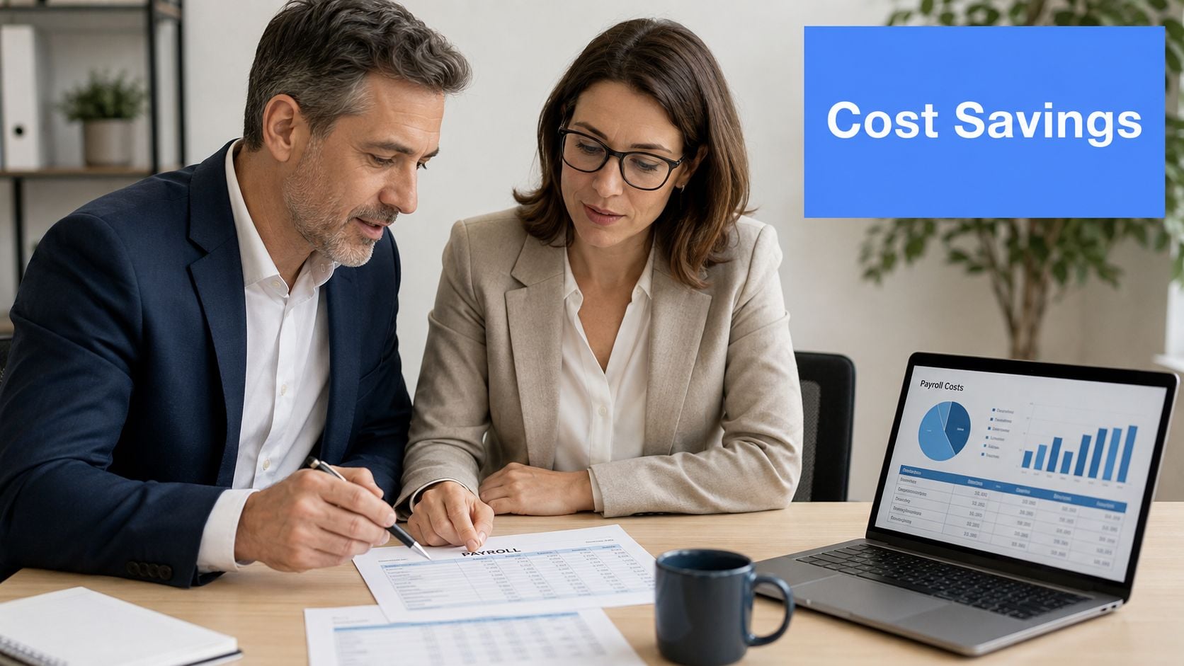 A professional man and woman reviewing payroll documents and financial charts on a laptop in an office.