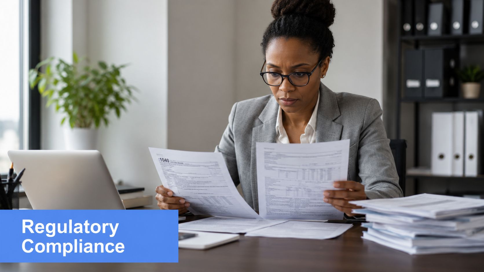 A professional woman in a suit sitting at a desk and reviewing tax documents for compliance.