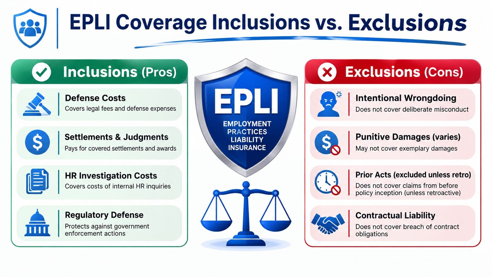 An infographic titled EPLI Coverage Inclusions vs. Exclusions, detailing what is covered and excluded in Employment Practices Liability Insurance.