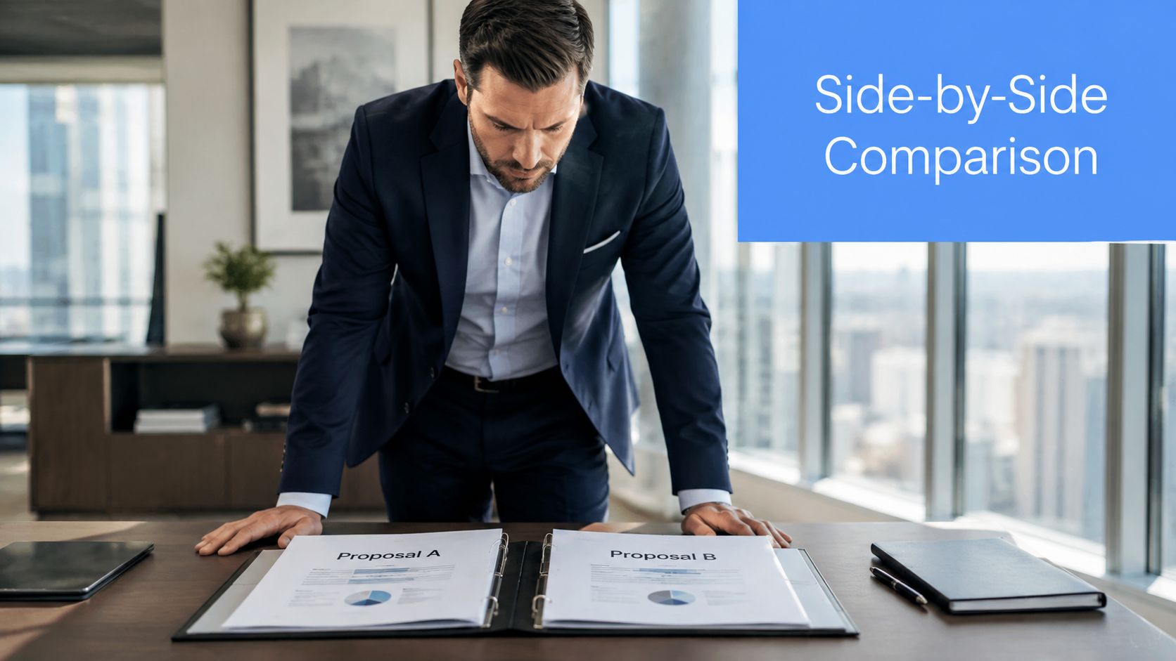 A professional man in a business suit reviewing two side by side financial proposals on a desk.