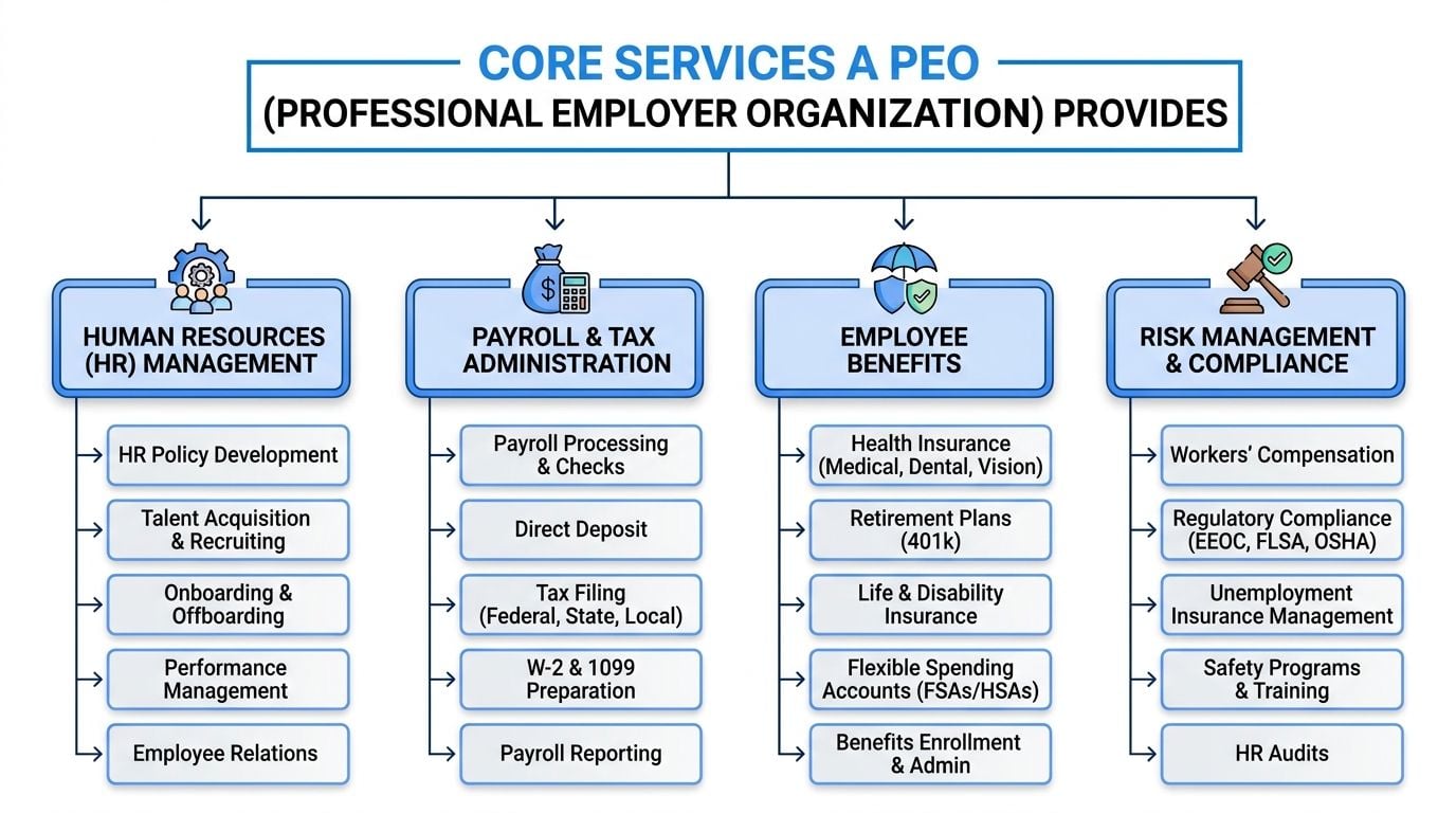 A chart illustrating the core human resources, payroll, benefits, and risk management services provided by a PEO.