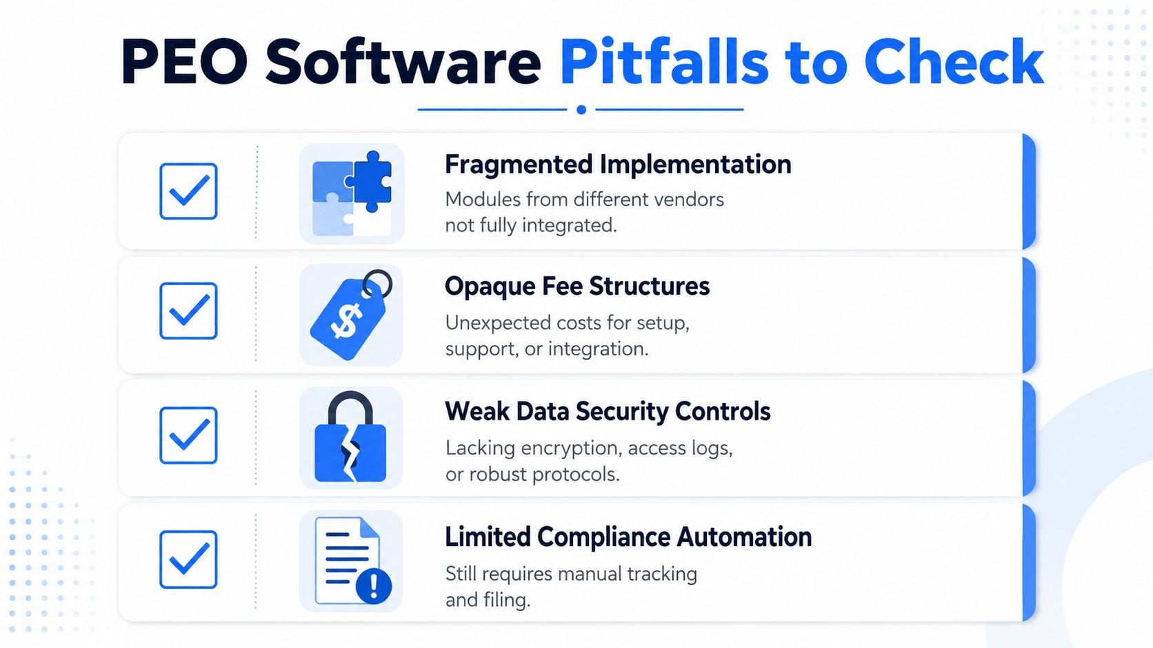 A graphic listing four common pitfalls to check for when evaluating professional employer organization (PEO) software solutions.