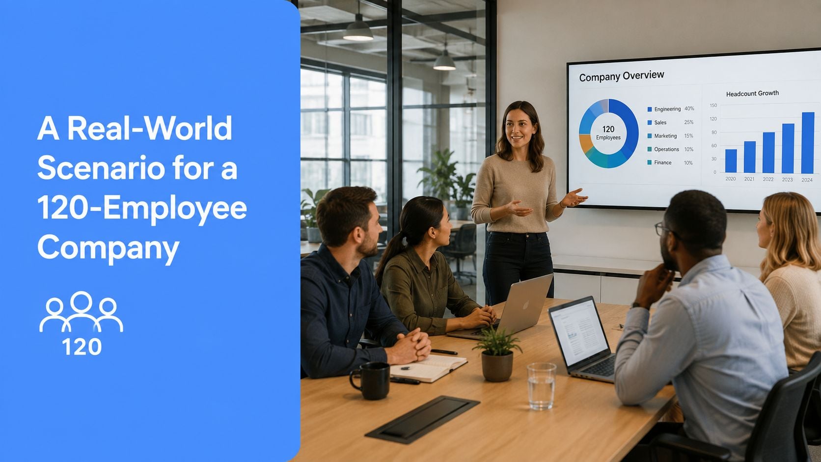 A professional woman presenting business growth and department statistics to a team in a modern office meeting.