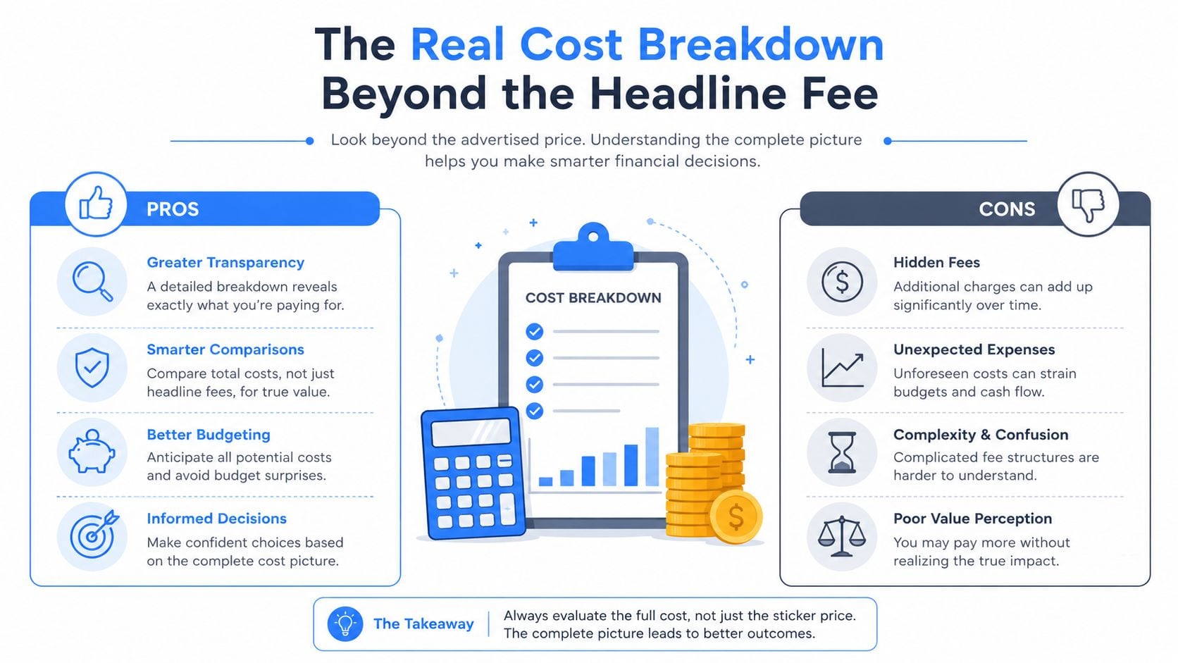 An infographic titled The Real Cost Breakdown showing the pros and cons of understanding hidden financial costs.