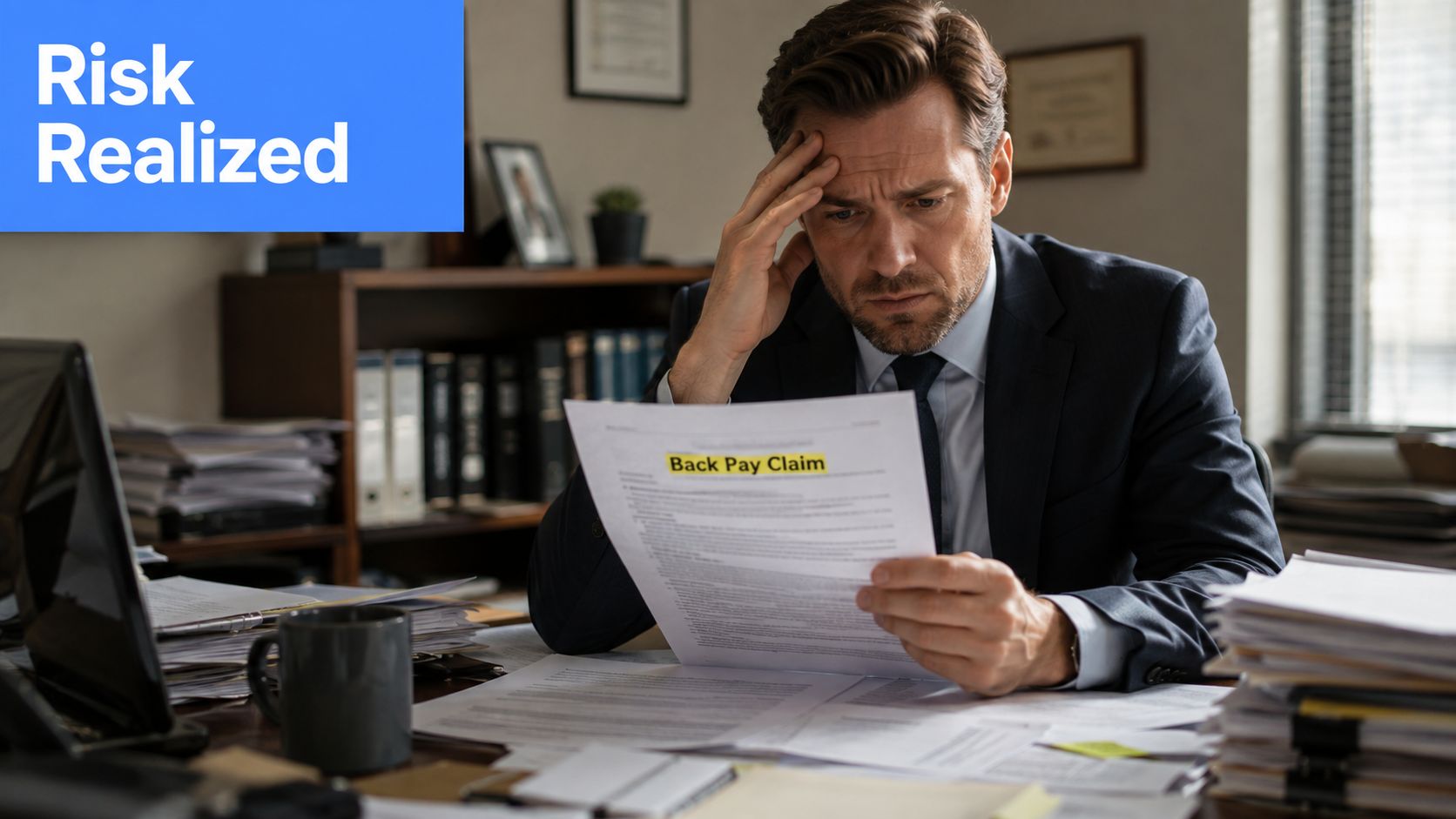 A concerned businessman sitting at a cluttered desk reading a legal document labeled Back Pay Claim.