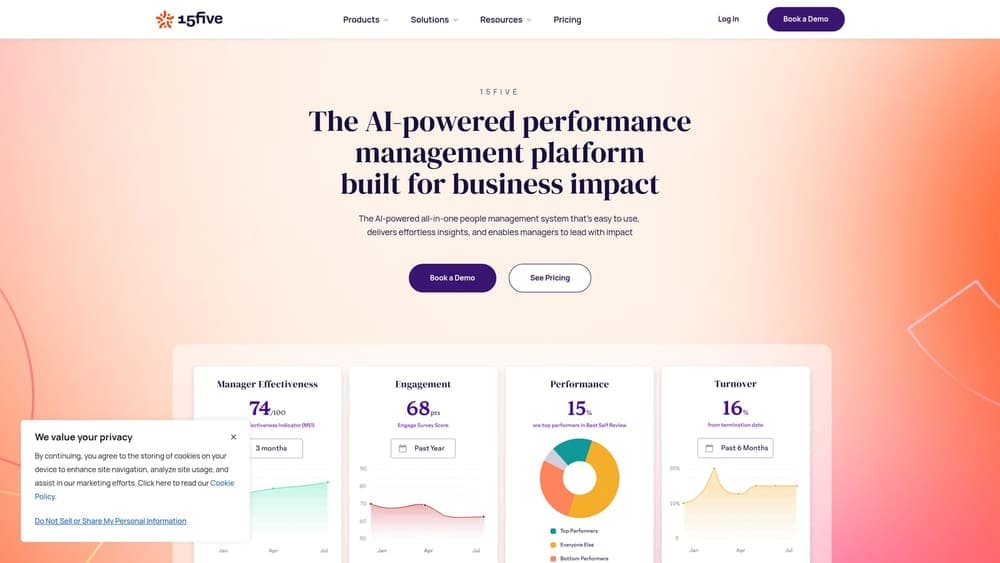 Screenshot of 15Five website