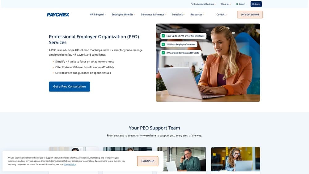 Screenshot of Paychex PEO website